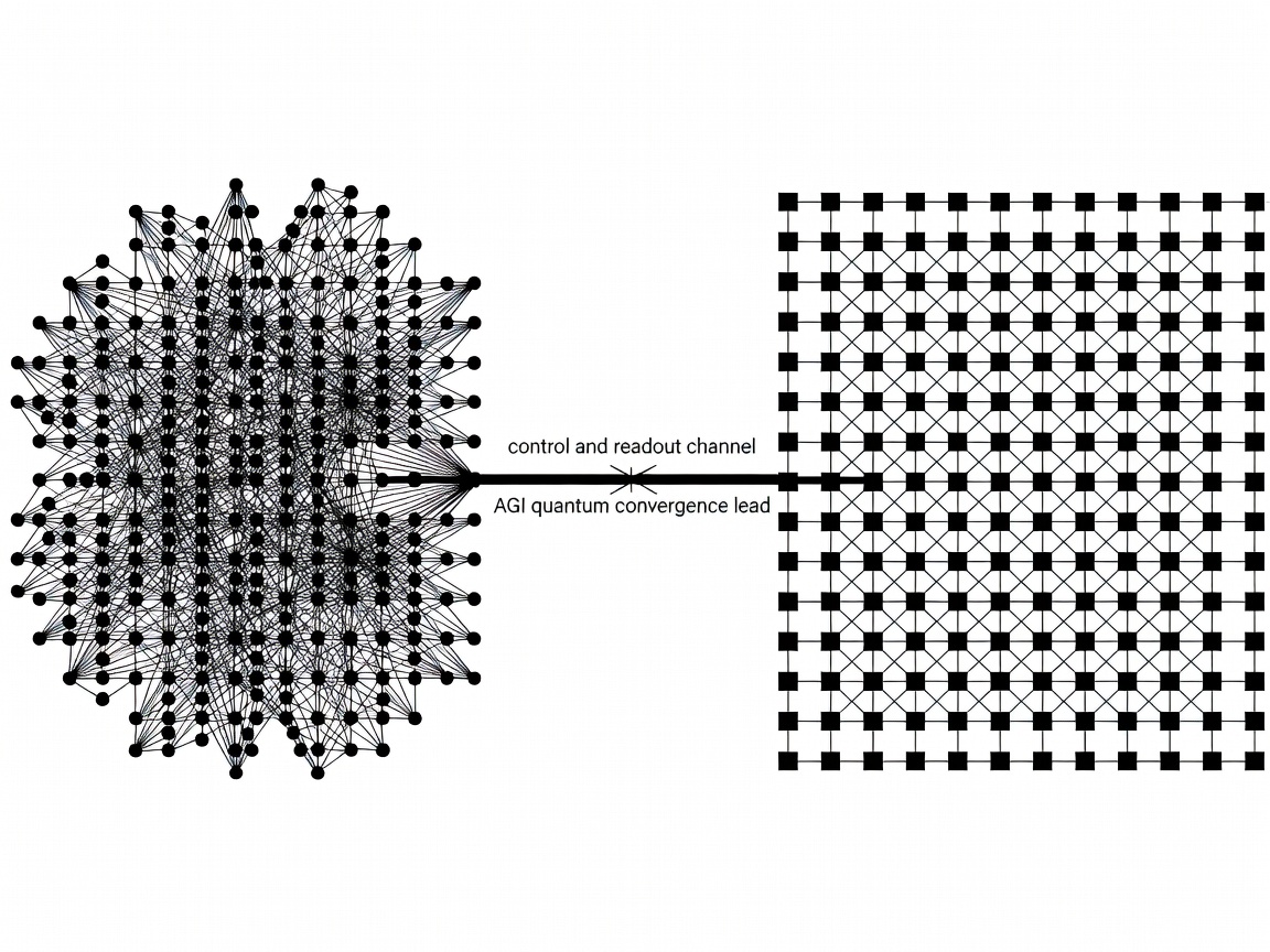 Monochrome schematic pairing a dense neural network graph on the left with a square lattice of qubits and stabiliser plaquettes on the right, joined by a control and readout channel