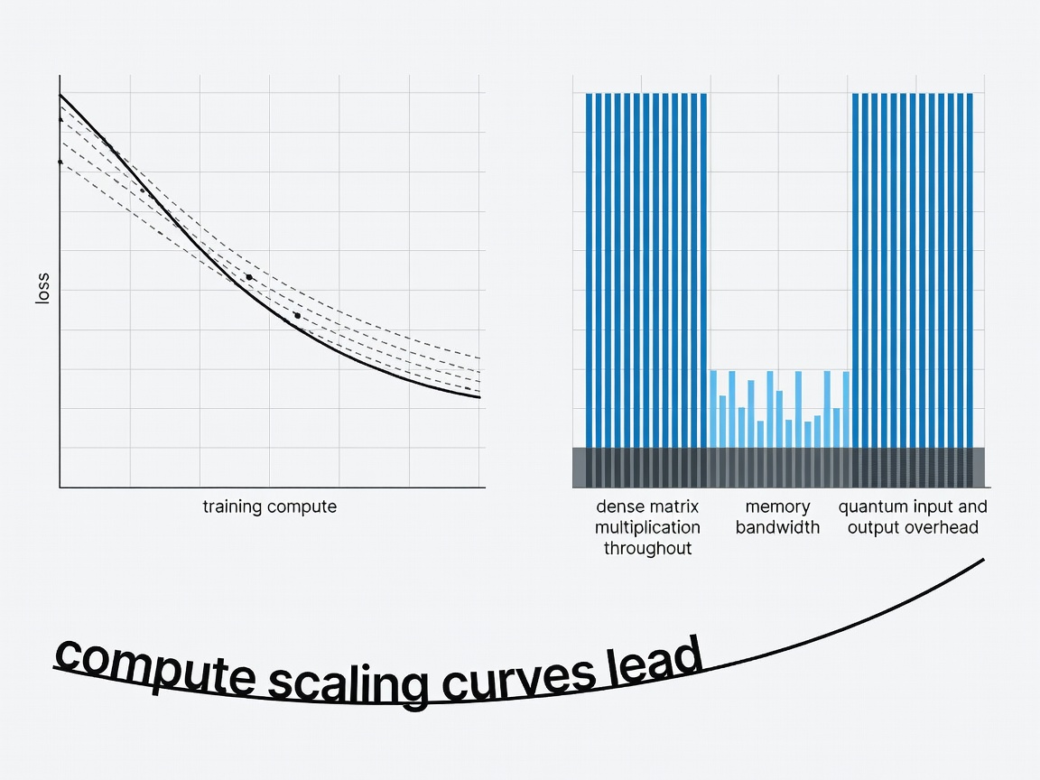 Log-log plot of loss against training compute with power-law trend lines, beside a bar chart contrasting dense matrix multiplication throughput with memory bandwidth and a small block marked quantum input and output overhead