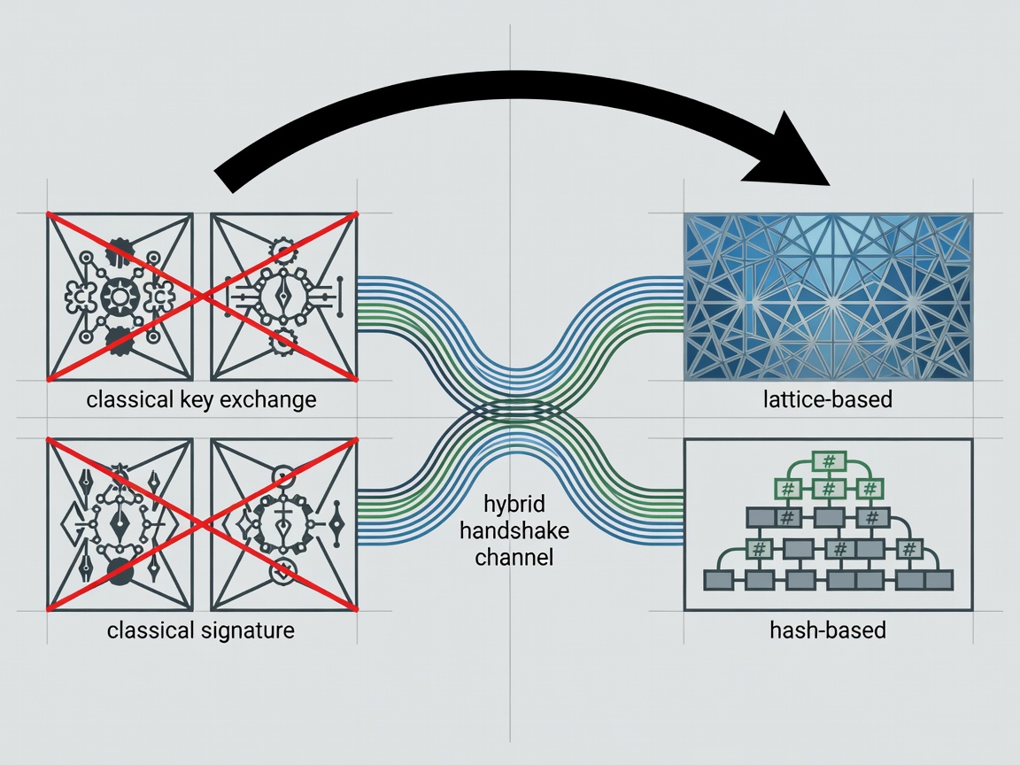 Technical layout of a cryptographic migration path, showing classical key exchange and signature boxes struck through beside lattice-based and hash-based replacements, with a hybrid handshake channel between them