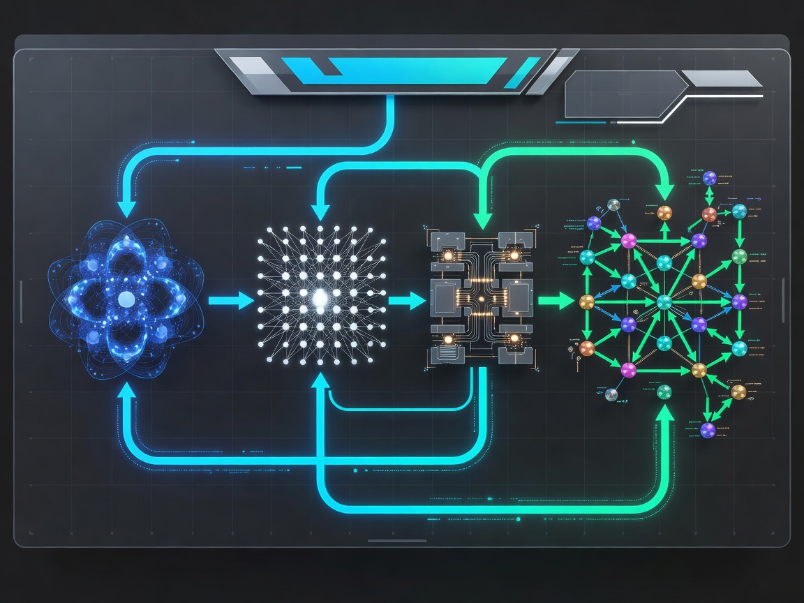Technical panel showing a molecular active-site orbital sketch, a stabiliser syndrome grid feeding a neural decoder block, and a tensor-network contraction diagram, joined by labelled data paths