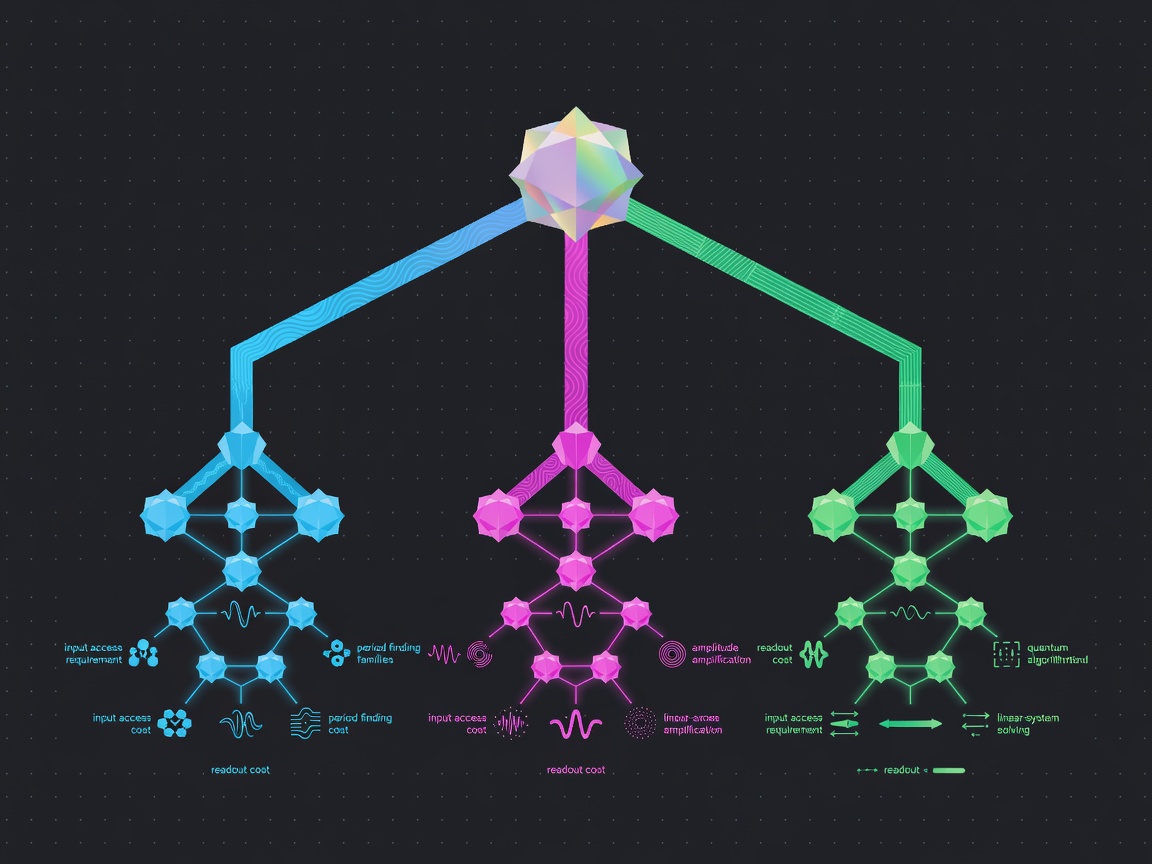 Diagram of quantum algorithm families showing period finding, amplitude amplification and linear-system solving branches, each annotated with its input access requirement and readout cost