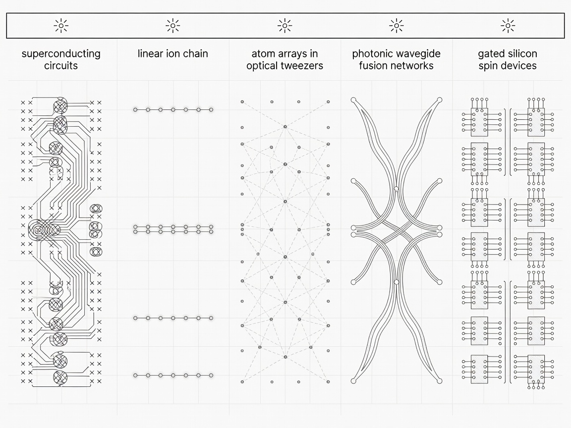 Five-column technical comparison chart of qubit modalities showing coupler layouts for superconducting circuits, linear ion chains, atom arrays in optical tweezers, photonic waveguide fusion networks and gated silicon spin devices